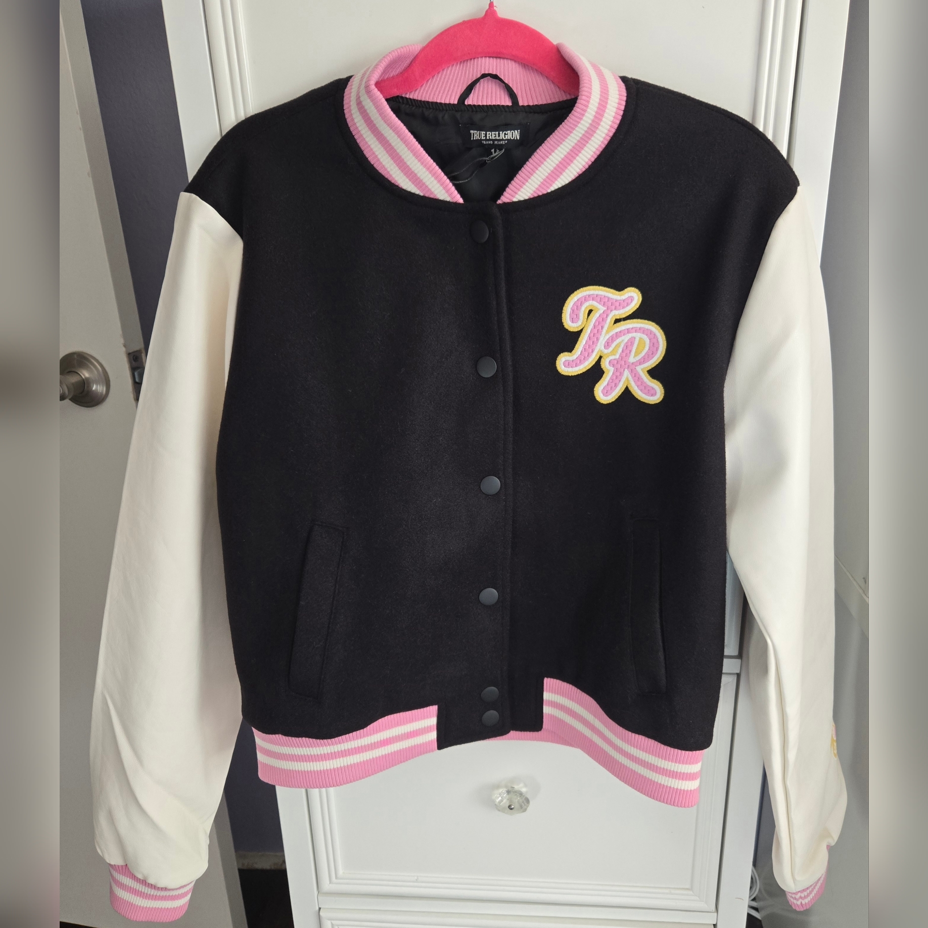 True Religion Black And Pink Varsity Jacket Size M Nwt